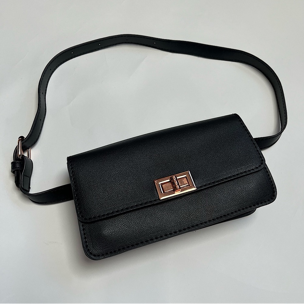 LA Express Black Vegan Faux Leather Waistband Purse Belt Bag Rose Gold Accent OS